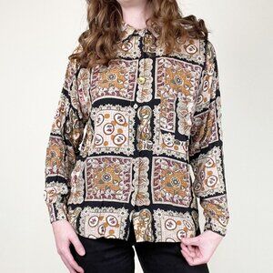 Vintage Floral Eccentric Print Button Down Shirt Eclectic Grandpa Grandma Blouse